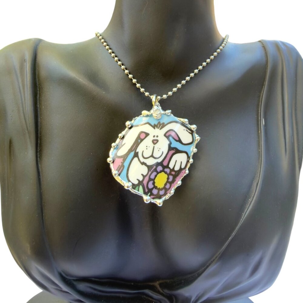Handmade Easter Bunny Pendant With Silver-Blend Frame Made From Vintage Royal No - Picture 11 of 15